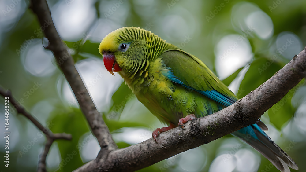 A green and blue parakeet with a unique striped pattern on its chest perches gracefully on a tree branch A green and blue parakeet with a unique striped pattern on its chest perches gracefully on a tree branch