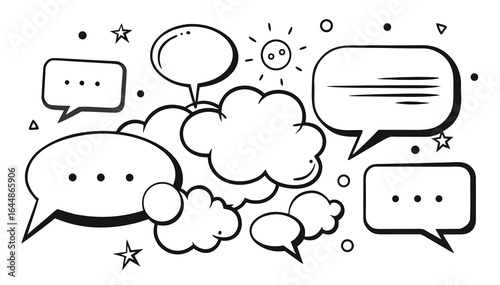 Speech bubbles and clouds create a communication concept design element.