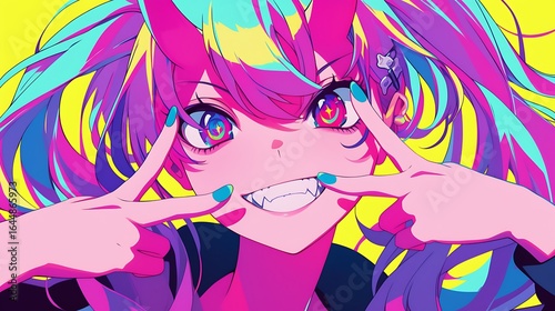 Female anime character evil oni demon face evil smile