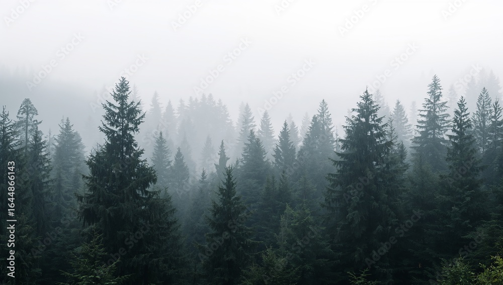Obraz premium Misty foggy forest landscape with tall evergreen trees outdoors