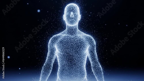 Digital Human: Ethereal Particle Body Forming in Dark Space, Glowing Blue Silhouette