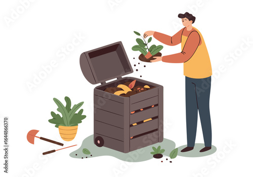 Man composting food scraps into a bin. Sustainable living concept. Flat vector illustration, clean design, green background. Perfect for eco-friendly themes.
