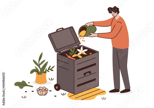Man composting food scraps into a bin. Sustainable living concept. Flat vector illustration, clean design, green background. Perfect for eco-friendly themes.
