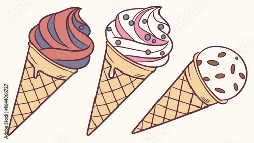 Delicious summer ice cream cones vector illustration dessert treats frozen sweet food colorful flavors
