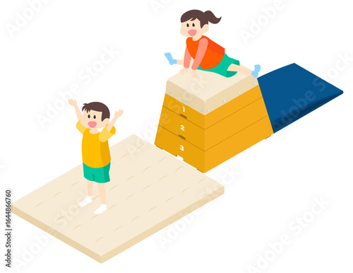 跳び箱で楽しく遊ぶ男の子と女の子のイメージイラスト
