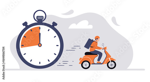 Illustration of a delivery person on a scooter with a stopwatch symbolizing fast delivery service.
