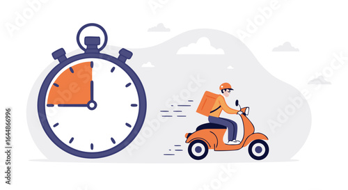 Illustration of a delivery person on a scooter with a stopwatch symbolizing fast delivery service.
