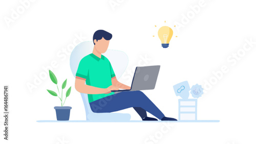 Freelancer working on laptop with idea lightbulb illustration for remote work and creative project, 100 char