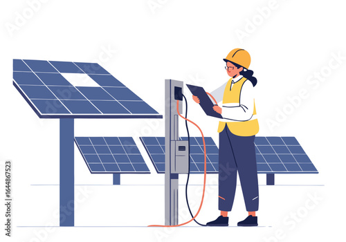 Engineer Inspecting Solar Panels with Tablet and Electric Control Unit