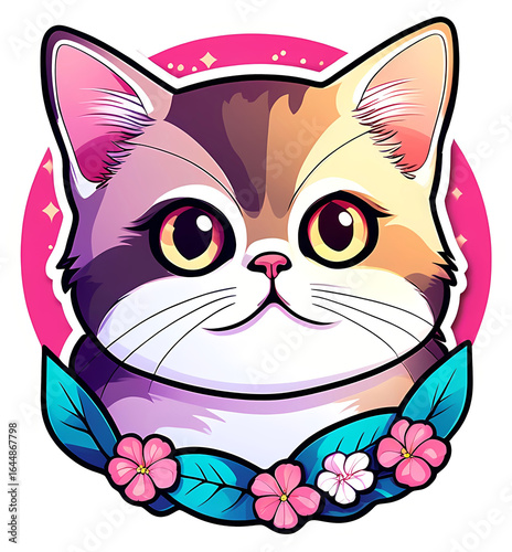 cute cartoon sticker art design of an adorable shorthair cat kitten portrait with flowers and leaves