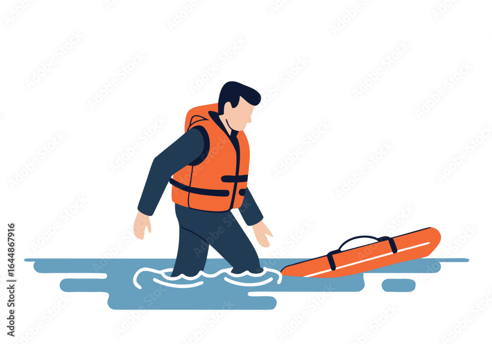 Obraz premium Man Wearing Life Jacket Standing in Water with Lifebuoy Rescue Equipment
