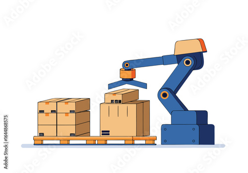 A robotic arm efficiently moves boxes on pallets in a warehouse setting. Demonstrates automation, logistics, and industrial processes. Clean, modern illustration.
