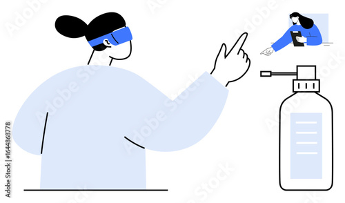 Woman using VR headset pointing at virtual screen, sanitizer bottle nearby. Ideal for virtual reality, cleanliness, innovation, digital interaction, hygiene, futuristic technology, simple landing