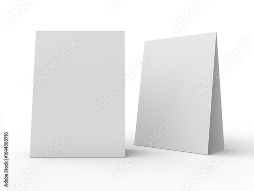 3D realistic mockup of a blank table sign tent card A4 format, isolated on white. Minimal display Ideal for menu, restaurant, cafe, event, promotion, branding, ads, and marketing design presentations