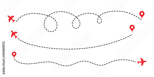 Airplane line path vector icon set of air plane flight route with start point and dash line trace. Various aircraft and destination location pins icons. Print Set of airplane routes . 