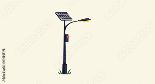 Minimalist illustration of a solar-powered street light with a traffic signal, showcasing eco-friendly technology and clean design aesthetics.
