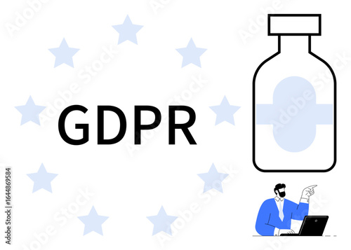 Medicine bottle, GDPR text, stars, man using laptop. Ideal for healthcare, data privacy, legal compliance, technology policy data security workplace education. Simple flat metaphor