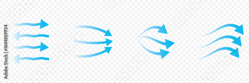 Air flow. Set of blue arrows showing direction of air movement. Wind direction arrows. Vector set of air flow arrows. Blue air flow arrows showing wind circulation and ventilation.  