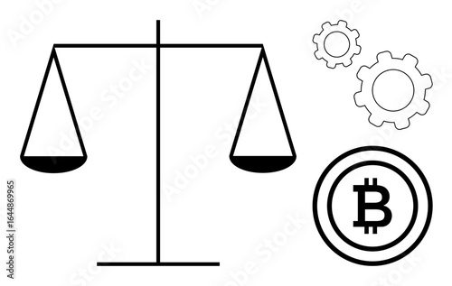 Balance scale next to Bitcoin icon and mechanical gears symbolizing cryptocurrency, blockchain balance, and decision-making. Ideal for finance, law, ethics, innovation, fintech, blockchain