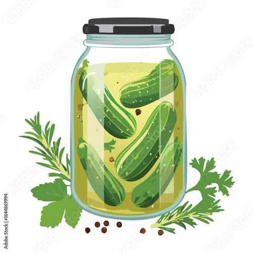 Pickles in a Glass Jar with Rosemary and Garlic - Vector Illustration