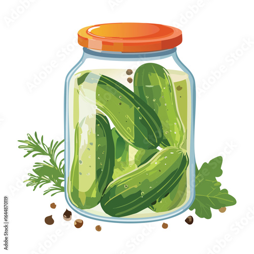 Jar of Pickled Cucumbers with Fresh Dill - Vector Illustration