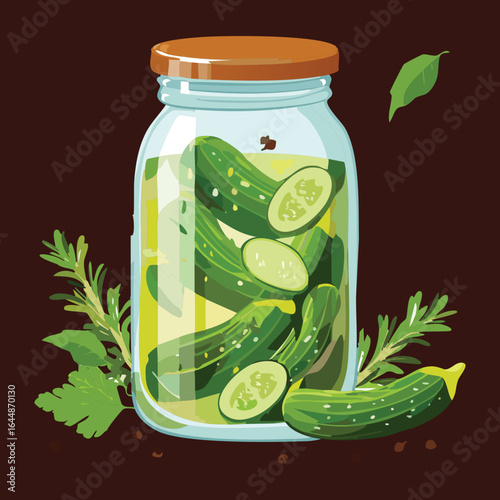 Jar of Pickled Cucumbers with Fresh Dill - Vector Illustration