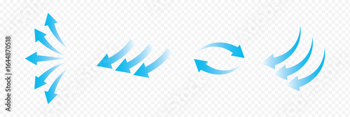 Air flow arrows set. Set of blue arrow showing wind air flow.  Blue air flow arrows showing wind circulation and ventilation.  Set of blue arrows showing direction of air movement. 
