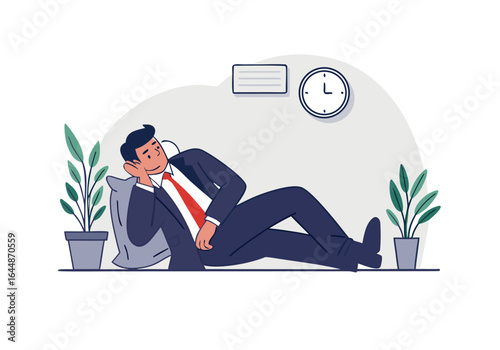 A businessman dozes on a chair in an office, enjoying a power nap. Soft colors and a relaxed atmosphere convey a moment of respite. Suitable for business and wellness themes.
