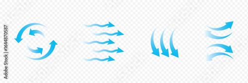 Air flow arrow. Set of blue arrow showing wind air flow. Vector set of air flow arrows. Blue air flow arrows showing wind circulation and ventilation. eps 10