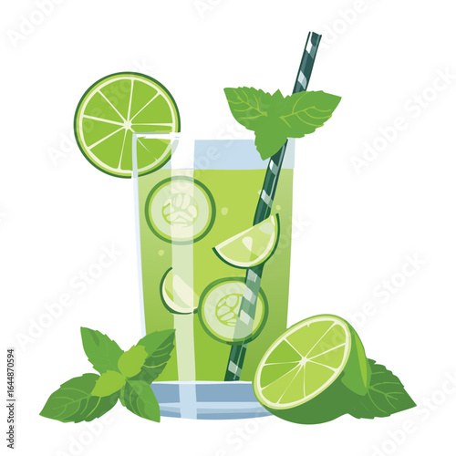  Fresh Mojito with Lime Slices and Mint Leaves - Vector Illustration