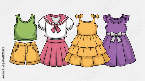 Collection of cute cartoon children's clothing including dresses shorts and tops kids fashion