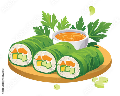 Healthy Fresh Spring Rolls with a Side of Sauce - Vector Illustration