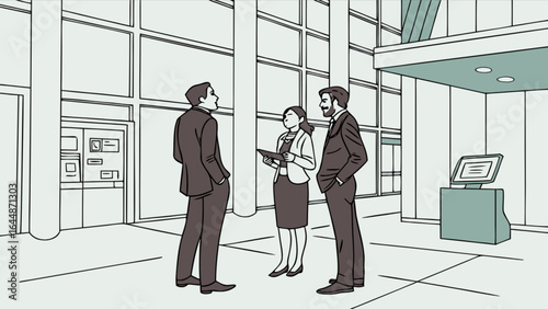 Business meeting in modern office lobby discussion of project collaboration teamwork and presentation strategy