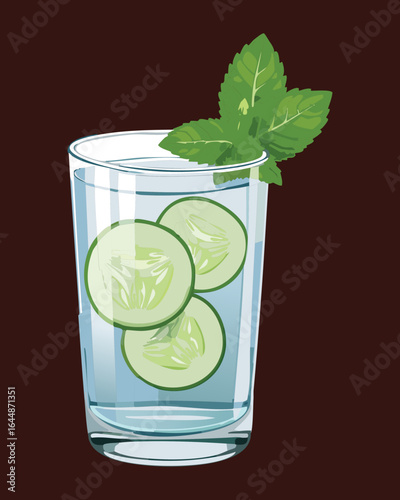 Glass of Detox Water with Cucumber and Mint on a Dark Background - Vector Illustration