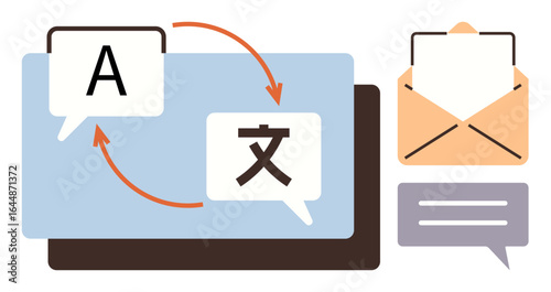 Speech bubbles with letters and arrows, envelope, and chat bubble visualizing language translation and communication. Ideal for global interaction, multilingual support, email, messaging