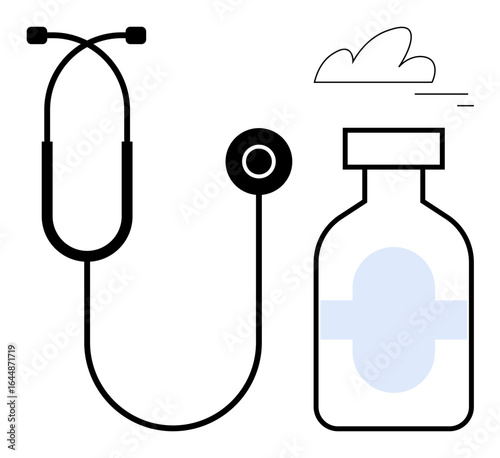 Stethoscope alongside a medicine bottle with a cross, evoking themes of health, diagnosis, and care. Ideal for healthcare services, medical blogs, wellness apps, pharmacy ads, online consultations