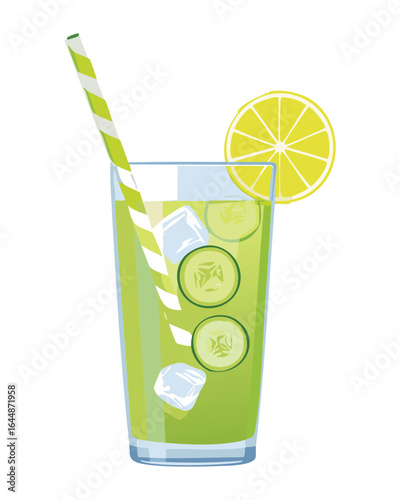Refreshing Iced Drink with Lemon and Cucumber Slices - Vector Illustration