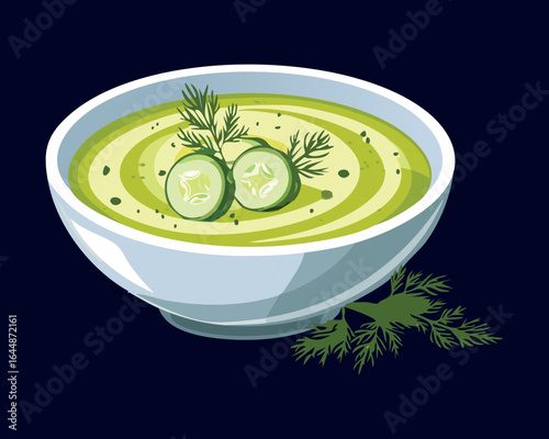 A Bowl of Cucumber Soup with Dill Garnish - Vector Illustration