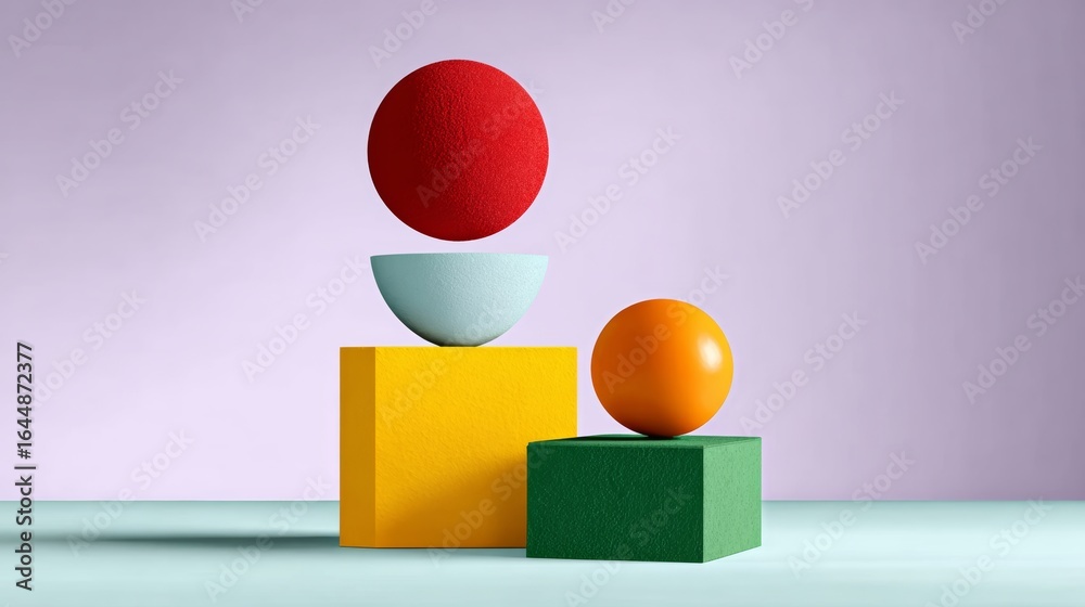 Three cubes are stacked on top of each other, with a red ball on top of the middle cube and two orange balls on the bottom. The scene is colorful and playful, with the balls Three cubes are stacked on top of each other, with a red ball on top of the middle cube and two orange balls on the bottom. The scene is colorful and playful, with the balls