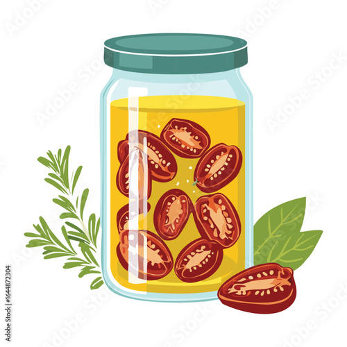 Jar of Sun Dried Tomatoes with Herbs and Garlic - Vector Illustration