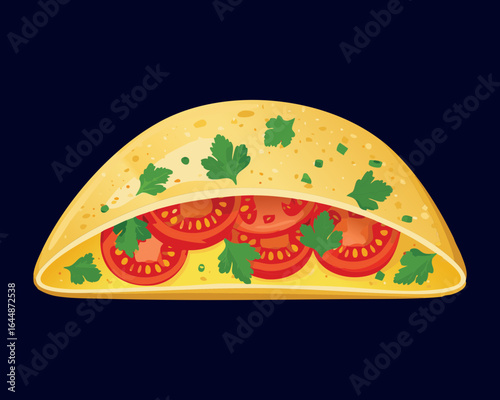 Delicious Omelette with Tomatoes on a Dark Background - Vector Illustration