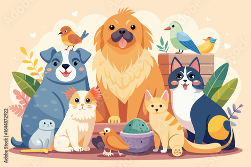 Adorable group of smiling pets with birds cartoon illustration in friendly and cute arrangement