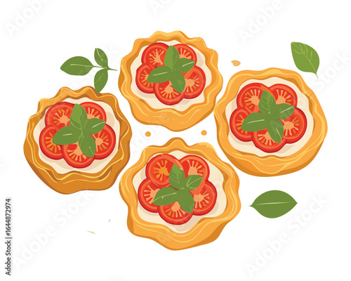 Appetizer of Toasted Bread with Sliced Tomato and Basil - Vector Illustration