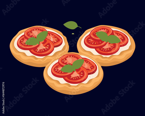 Delicious Appetizer of Toasted Bread with Tomato and Basil - Vector Illustration