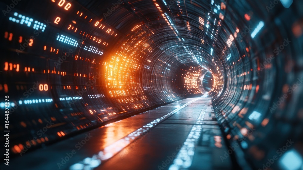 Fototapeta premium Futuristic tunnel illuminated by vibrant digital displays.