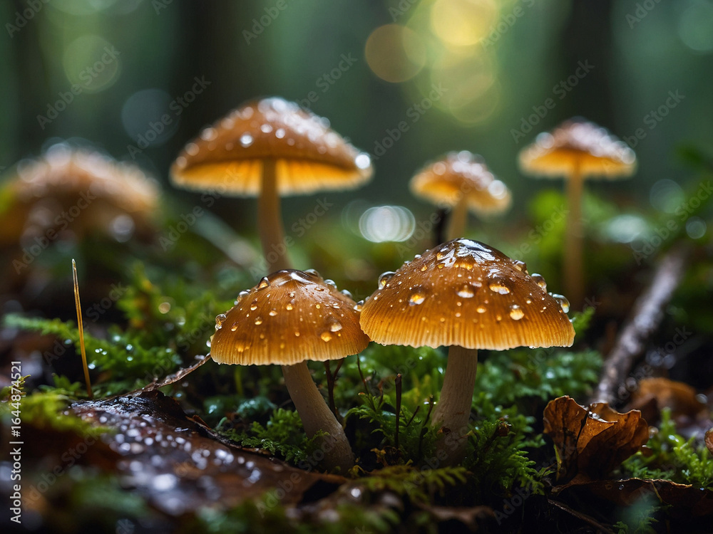 Fototapeta premium Close-up of small mushrooms growing on damp forest floor, with droplets of water on surrounding leaves, golden bokeh light filtering through blurred woodland canopy behind.