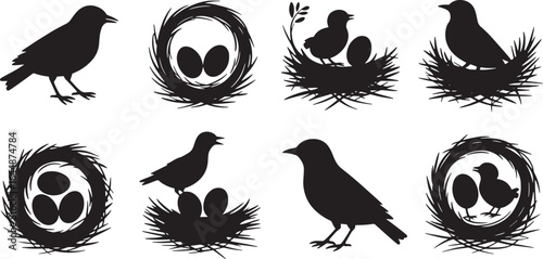 Bird and Nest Silhouette Collection Nature Wildlife Vector Illustration Set