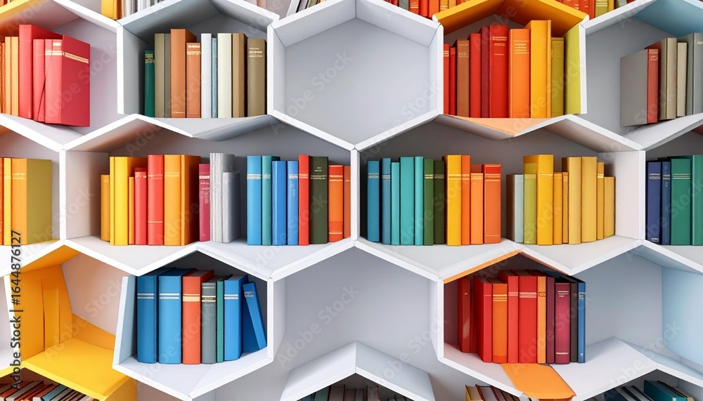 Fototapeta premium A modern bookshelf with a hexagonal design filled with colorful books neatly arranged, creating an attractive and organized visual display. White bookshelf with colorful accentscolorful books on shelf