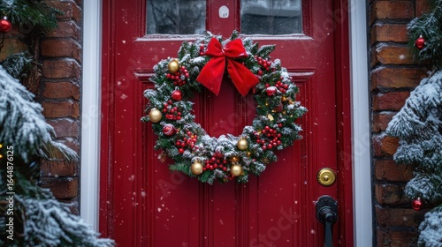 Festive Christmas wreath on a red door