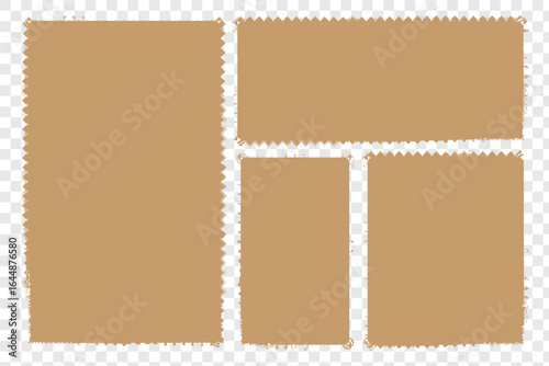 Postage stamp with blank sepia paper design space on transparent background. . Poststamp frames or borders. Rectangle or square template for mail, postcard, note. Jagged wavy edge forms. eps 10